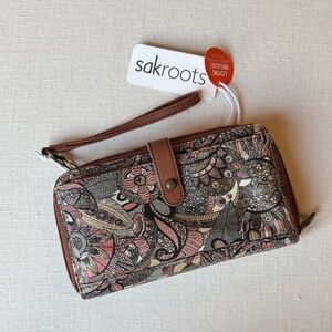 Sakroots Paisley Floral Wristlet Wallet in Brown and Pink